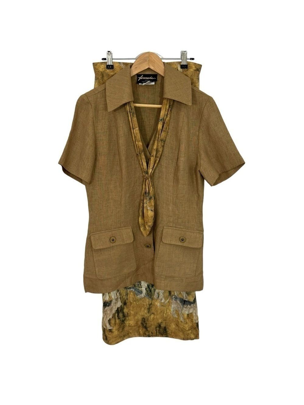 Vintage 90s Lori Weidner 2 Pc Set Womens 8 Neutrals Safari Blouse + Skirt EUC